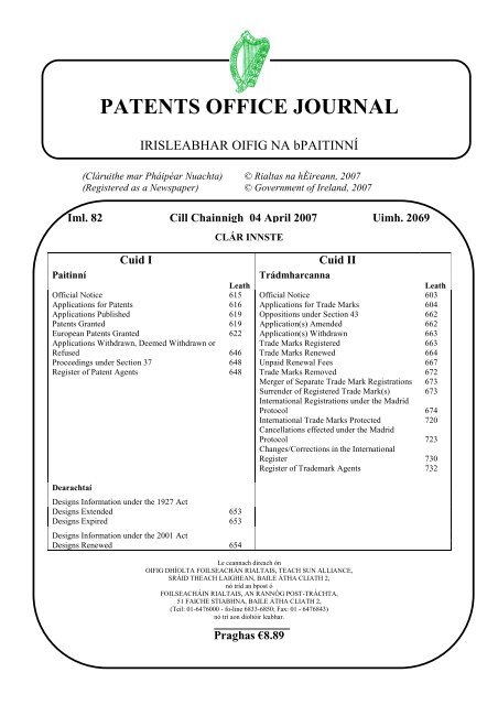 PATENTS OFFICE JOURNAL - Irish Patents Office