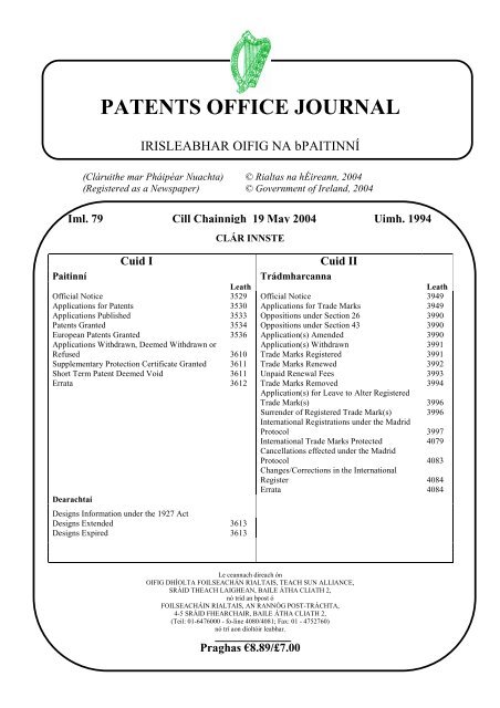 PATENTS OFFICE JOURNAL - Irish Patents Office