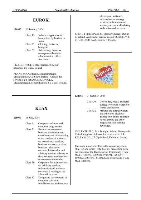 PATENTS OFFICE JOURNAL - Irish Patents Office