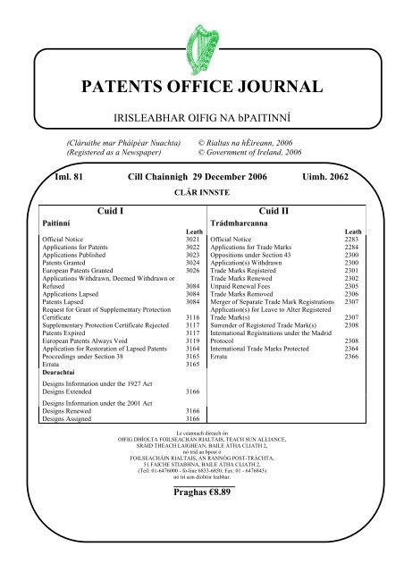 PATENTS OFFICE JOURNAL - Irish Patents Office