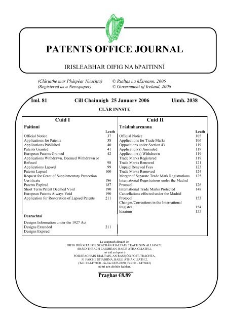 PATENTS OFFICE JOURNAL - Irish Patents Office