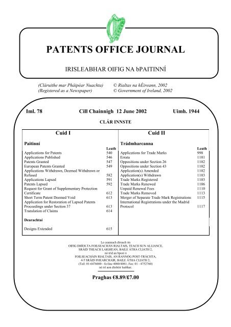 PATENTS OFFICE JOURNAL - Irish Patents Office