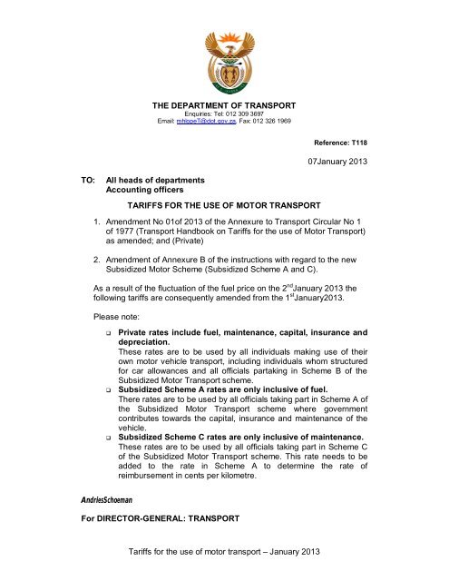 Tariffs for the use of motor transport â January 2013 THE ...