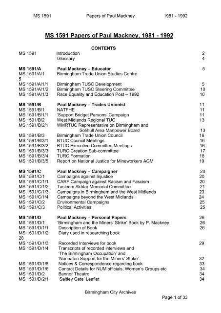 MS 1591 Papers of Paul Mackney, 1981 - 1992 - Connecting Histories