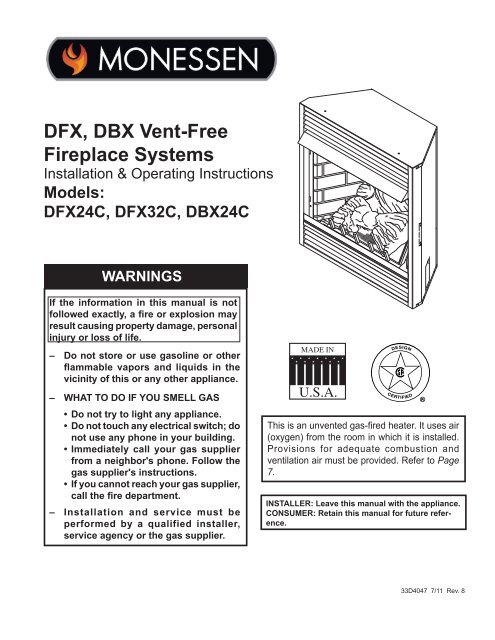 DFX, DBX Vent-Free Fireplace Systems - Unvented Gas Log Heater ...