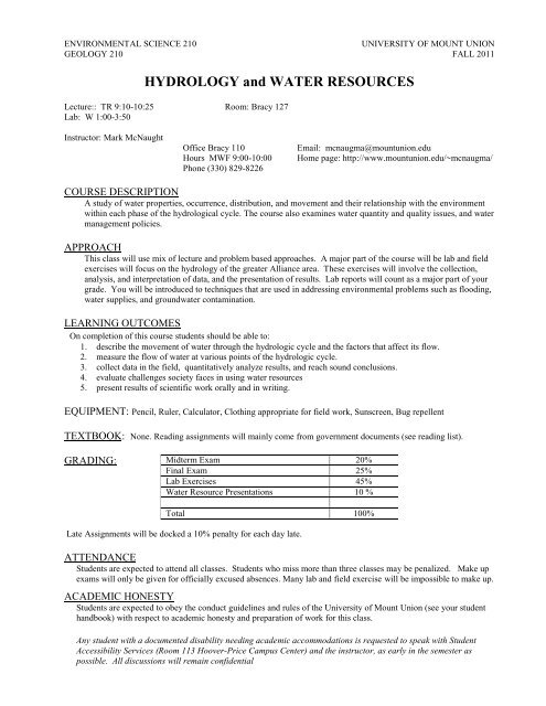 Hydrology Syllabus - University of Mount Union