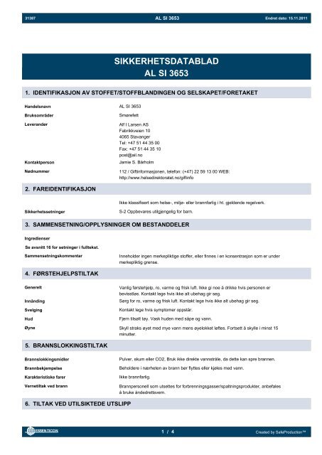 SIKKERHETSDATABLAD AL SI 3653 - Alf I. Larsen AS