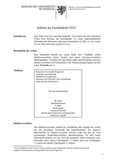 Stilblatt der Fachdidaktik - Anglistik/Amerikanistik - Bergische ...
