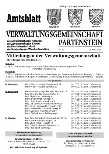 Mitteilungen der Verwaltungsgemeinschaft - Partenstein