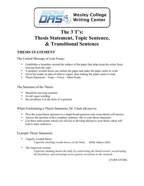 Thesis Statement Topic Sentence Amp Transitional Wesley College