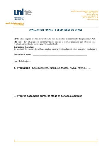 EVALUATION FINALE (8 SEMAINES) DU STAGE 1. Production ...