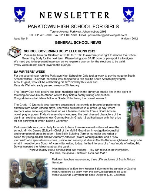 N E W S L E T T E R - Parktown High School for Girls