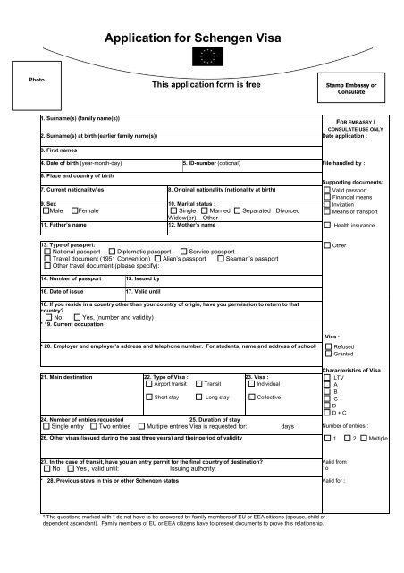 Schengen Visa Application Form (English Translation).