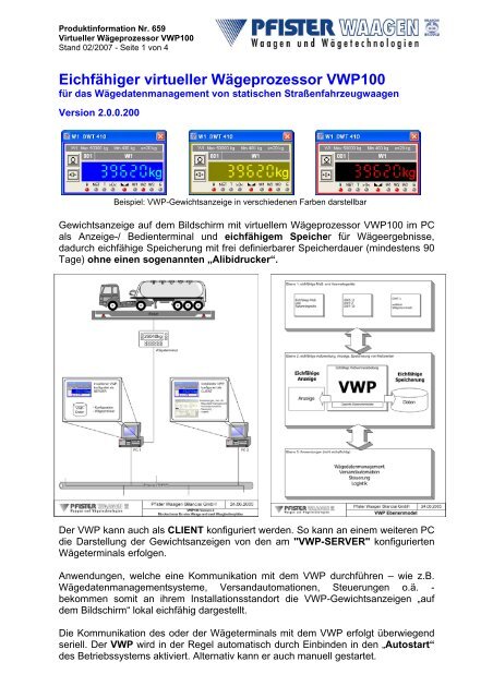 EichfÃ¤higer virtueller WÃ¤geprozessor Â»VWP100 - Pfister Waagen ...