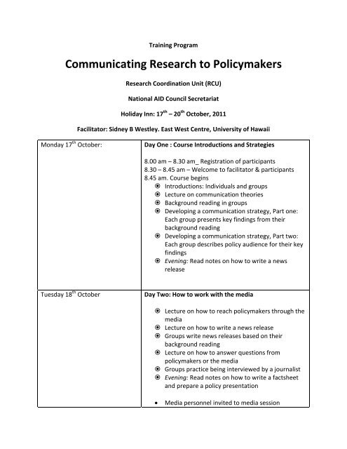 Agenda for the Training Course