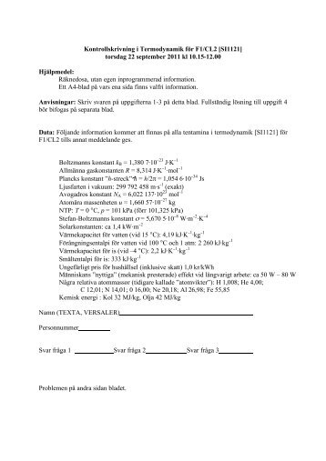 Kontrollskrivning i Termodynamik fÃ¶r F1/CL2 [SI1121] torsdag 22 ...