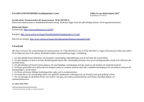 EXAMINATIONSFORMER SocialhÃ¶gskolan i Lund GÃ¤ller fr.o.m. ...