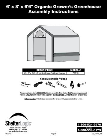 6' x 8' x 6'6" organic Grower's Greenhouse Assembly Instructions