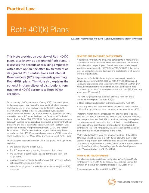 Roth 401(k) Plans (PDF) - Groom Law Group