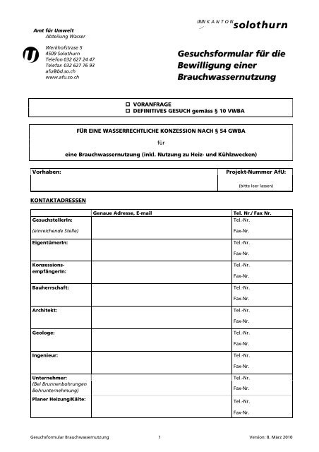 Gesuchsformular für die Bewilligung einer Brauchwassernutzung