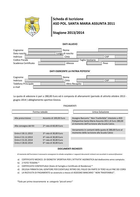 Modulo domanda di iscrizione alla Scuola Calcio stagione 2013-14