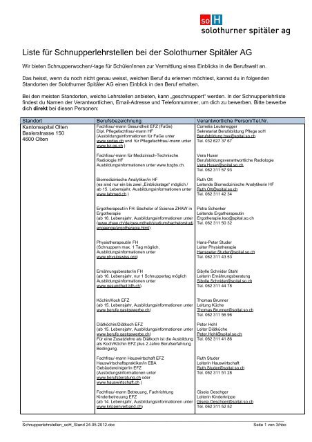 Berufswahlpraktikumstellen der Solothurner Spitäler AG