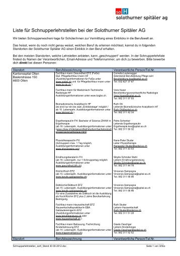 Berufswahlpraktikumstellen der Solothurner Spitäler AG
