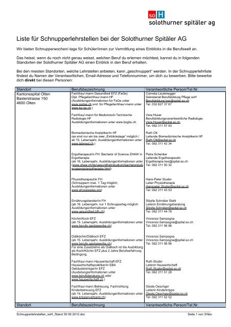 Berufswahlpraktikumstellen der Solothurner Spitäler AG