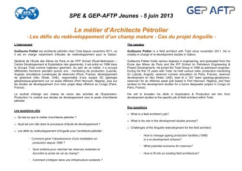 5 juin 2013 Le métier d'Architecte Pétrolier - Aftp