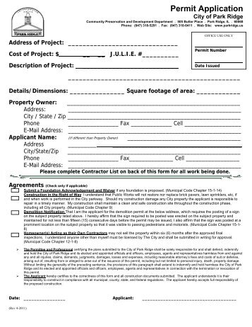Building Permit / Tree Removal Application Form - City of Park Ridge