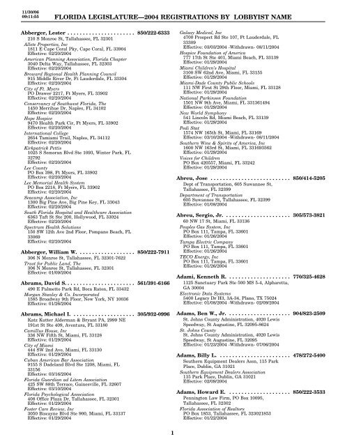 florida legislatureâ€”2004 registrations by lobbyist name - The