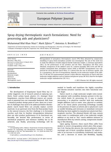 Spray drying thermoplastic starch formulations: Need for ... - ITM