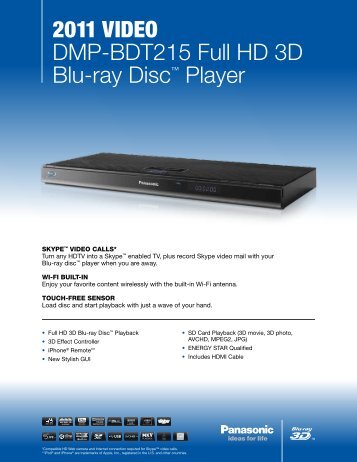 2011 VIDEO DMP-BDT215 Full HD 3D Blu-ray Discâ„¢ Player