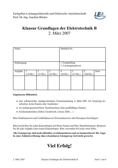 Klausur GET B WS 06/07 - Fachgebiet Leistungselektronik und ...