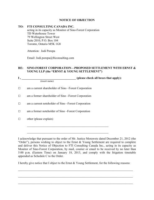 NOTICE OF OBJECTION TO: FTI CONSULTING CANADA INC ...