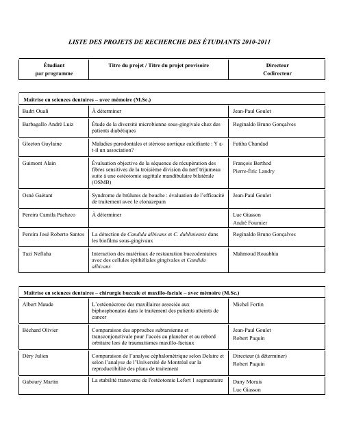 liste des projets de recherche des Ã©tudiants 2010-2011 - FacultÃ© de ...