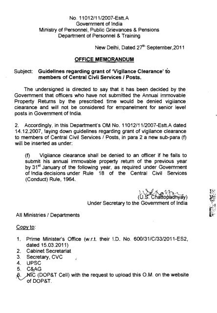 Guidelines Regarding Grant Of Vigilance Clearance
