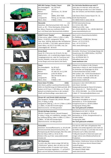 Liste käuflicher Elektroautos - solar+mobil+net