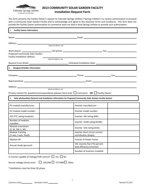 Facility Installation Request Form Colorado Springs Utilities