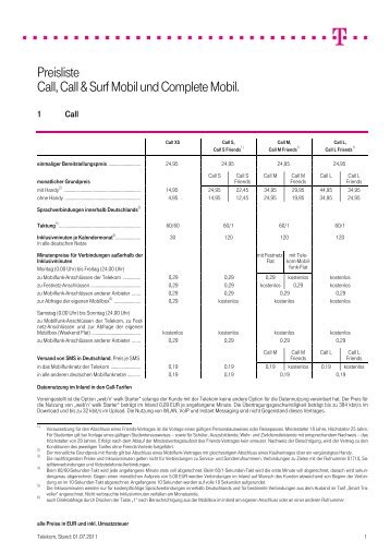 Preisliste Call, Call & Surf Mobil und Complete Mobil.