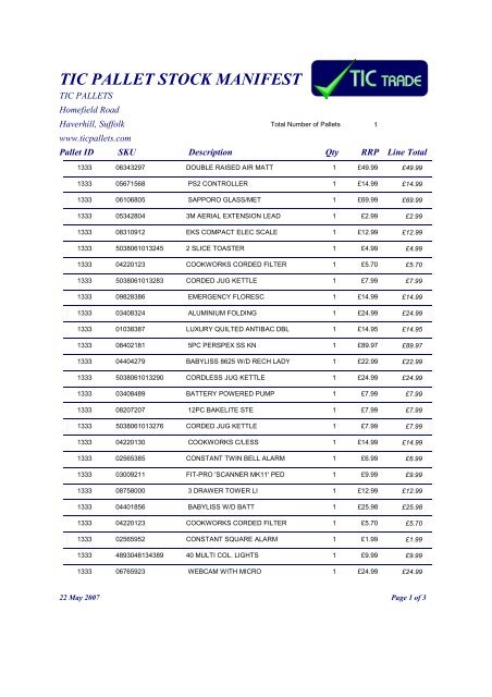 TIC PALLET STOCK MANIFEST