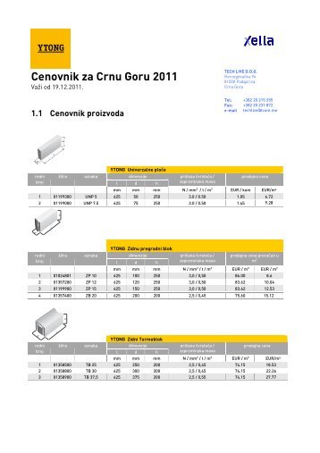 Cenovnik za Crnu Goru 2011 - Ytong