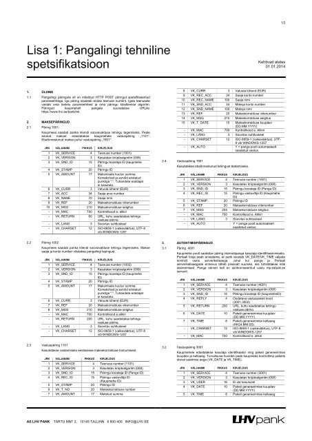 Lisa 1: Pangalingi tehniline spetsifikatsioon - LHV Pank
