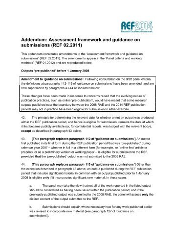 Addendum: Assessment framework and guidance on submissions ...