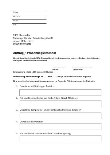 Auftrag / Probenbegleitschein - MPA Eberswalde