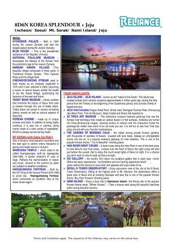 8D6N KOREA SPLENDOUR + Jeju - Reliance Travel