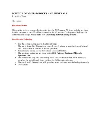 SCIENCE OLYMPIAD ROCKS AND MINERALS Practice Test