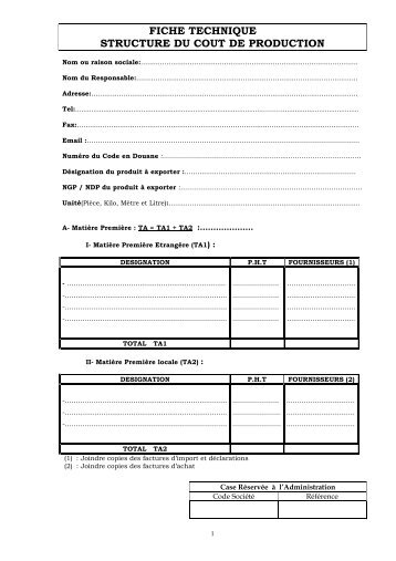 FICHE TECHNIQUE STRUCTURE DU COUT DE PRODUCTION