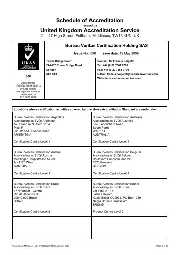 Schedule of Accreditation - The United Kingdom Accreditation Service