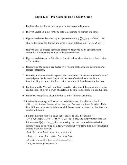 Math 1201: Pre-Calculus Unit 1 Study Guide